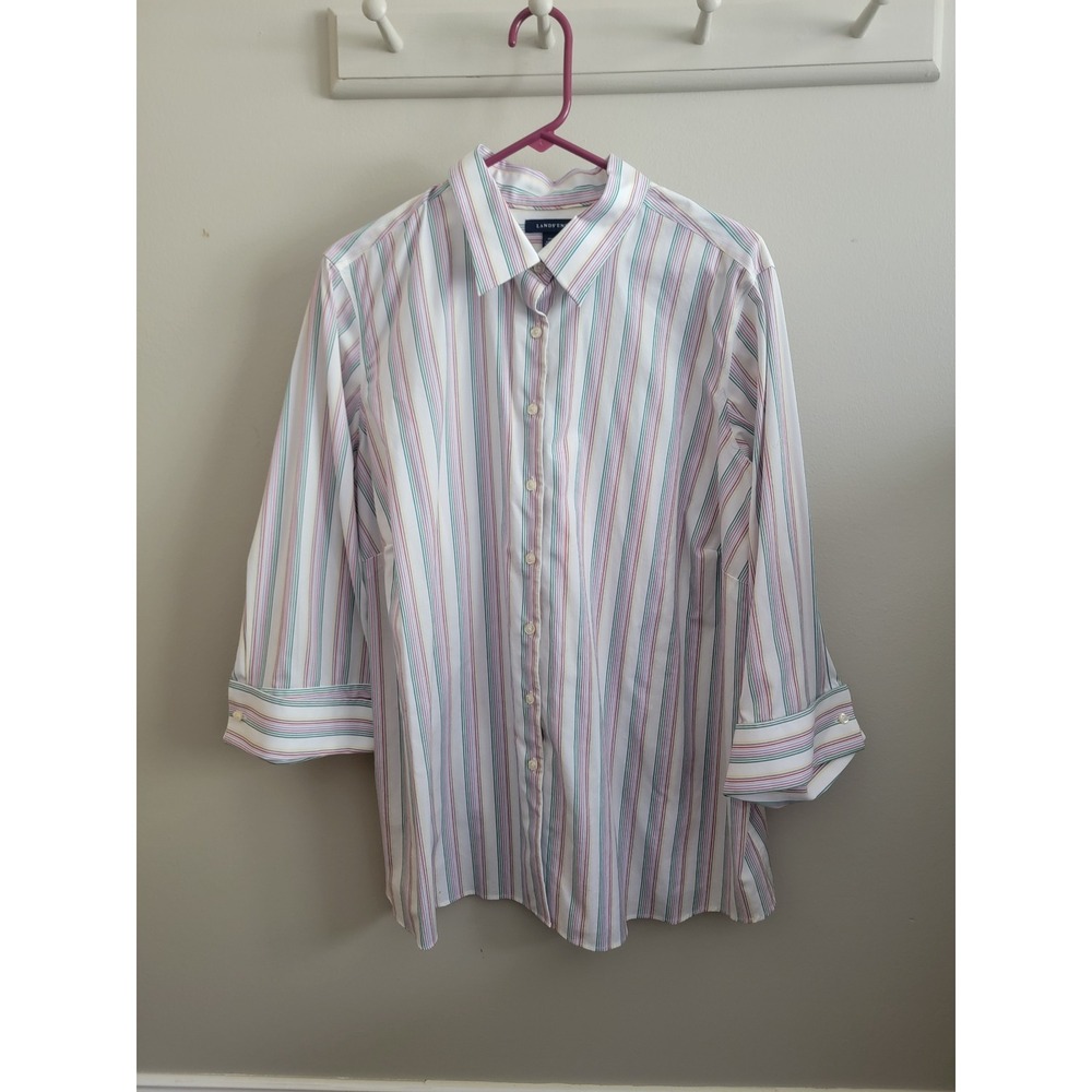 Lands' End Womens 22W Striped 3/4 Sleeve Button Down Shirt Multi-Color Blouse